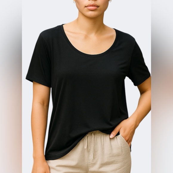 Eileen Fisher Black Silk Jersey T-Shirt Top Size 1X Plus Short Sleeve - Picture 1 of 10